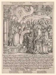 De keizer Maximiliaan gepresenteerd door zijn beschermheiligen aan de Almachtige, 1519