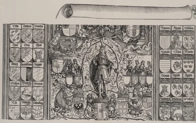 Het bovenste gedeelte van de genealogie van Maximiliaan, met de rechterrand van de rol
