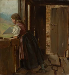 Meisje op het prieel van een boerenhuis