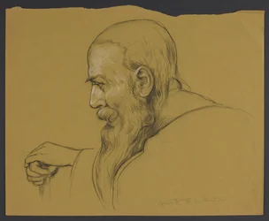 Buste van een oude man met lange baard, die met beide handen op een stok leunt, in profiel weergegeven