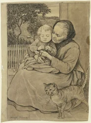 Zittende oude vrouw met kind