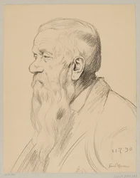 Een oude man met een lange baard, in profiel afgebeeld