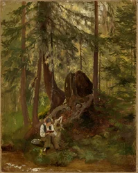 Bosinterieur met lezende jongen