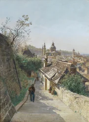 Uitzicht op de oude stad van Salzburg vanaf de Nonnbergstiege
