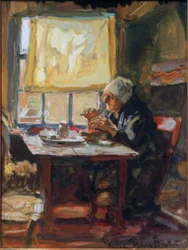 Oude vrouw aan de ontbijttafel
