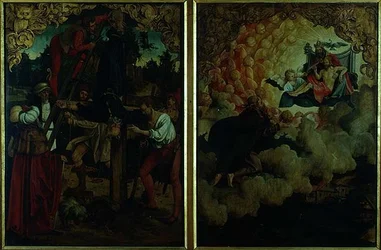 Verhalen van S.S. Petrus en Paulus altaarstuk: detail met LtoR Kruisiging van St. Petrus, St. Paulus die naar de Hemel Opstijgt