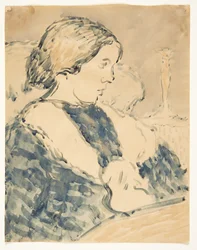 Portret van zittende vrouw naar rechts gekeerd