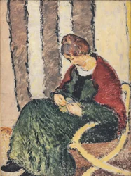 De zus van de kunstenaar, Anna Giersing, met een rode sjaal