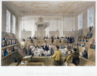 Binnen het Central Criminal Court, Old Bailey, met een rechtszitting, City of London, 1840