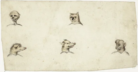 Hoofden van vier dieren en een skelet