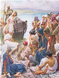 Christus predikend vanuit de boot, illustratie uit Harold Copping Pictures: The Crown Series, ca. 1920