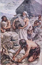 Noach bouwt zijn altaar, illustratie uit Pictures That Teach The Crown Series, 1920