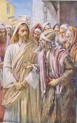 De vraag van de Sadduceeën, illustratie uit Harold Copping Pictures: The Crown Series, ca. 1920s