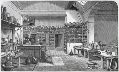 Michael Faraday (1791-1867) in zijn Kelderlaboratorium, uit Henry Bence Jones