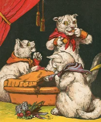 Stoute kittens eten taart in hun wanten