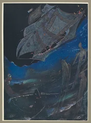 Een illustratie van een schip op zee, en vissen eronder.