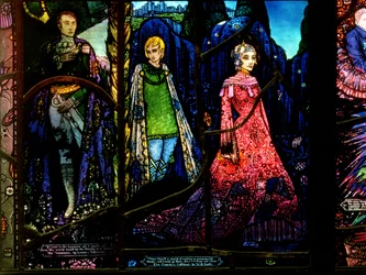 Detail van het Genève-raam met The Dreamers door Lennox Robinson en Countess Cathleen door W.B. Yeats