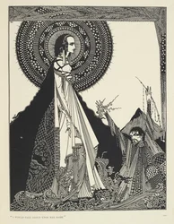 “Ik zou haar naam luid roepen.” Illustratie van Ligeia, een kort verhaal. “Ligeia” is een kort verhaal van Edgar Allan Poe. Het verhaal volgt een naamloze verteller en zijn vrouw Ligeia, een mooie en intelligente vrouw met ravenzwart haar. Zij wordt ziek