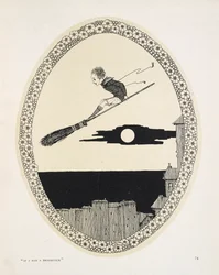 "Als ik een bezemsteel had". Illustratie voor een gedicht door Patrick R. Chalmers.
Een jongen op een bezemsteel
