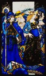 De Koninginnen van Sheba, Meath en Connaught, negen glazen panelen geëtst, gekleurd en geschilderd, Illustratie van J.M. Synge