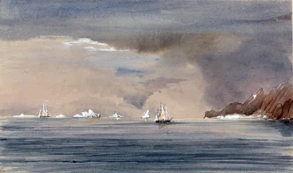 De ijsbergen bij Kaap Hoorn (Chili), met de silhouet van de HMS Tribune. Schilderij door Vice-admiraal Harry Edmund Edgell (1809-1876), aquarel 1856.