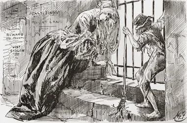 Lady Dedlock en Jo. "Hij werd daar neergezet," zegt Jo, terwijl hij zich aan de tralies vasthoudt en naar binnen kijkt, terwijl Lady Dedlock in een hoek wegkruipt. Illustratie door Harry Furniss voor de roman Bleak House van Charles Dickens, uit The Testim