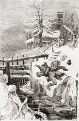 De Doodsstrijd in het Slot. "Heb ik je niet verteld." "Ik zal je levend vasthouden, en ik zal je dood vasthouden," riep Bradley, terwijl Riderhood achterover over de gladde put ging, en Bradley Headstone op hem." Illustratie door Harry Furniss voor de roma