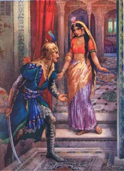 Toen ze Rama zag, haastte ze zich naar voren. Uit de avonturen van Rama en Sita, illustratie uit 