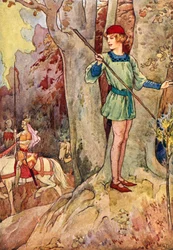 Perceval ziet drie ridders van de Ronde Tafel (kleurenlitho)