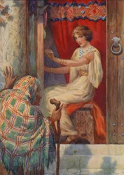 Koningin Frigga en de Beldame, uit "Baldur de Geliefde" (kleurenlitho)