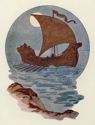 Ze was gebouwd als een Noors oorlogsschip (kleurenlitho)