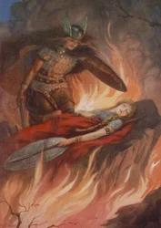 Sigurd en Brynhild, uit "Het zwaard van de Volsungs" (kleurenlitho)