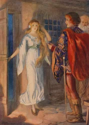 Sir Huldbrand en Undine, uit "Undine" (kleurenlitho)