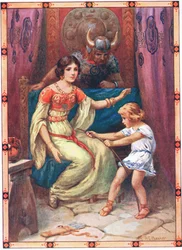 Het kind vertoonde tekenen van grote kracht (uit de Tiran van de Eilanden) (kleurenlitho)