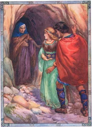 Ze kwamen bij een grot aan zee (van Diarmud en Grania) (kleurenlitho)
