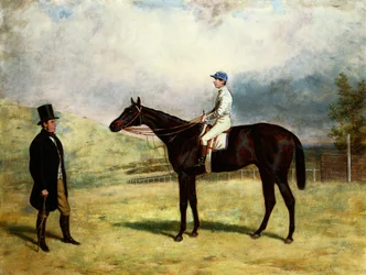 Een Heer bij zijn Renpaard met Jockey op een Renbaan, 1863