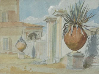 Villa Massimi, Rome: Poort geflankeerd door palmen in grote aardewerken potten