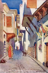 Een straat in Damascus, Syrië, ca. 1910, uit A Book of Modern Palestine van Richard Penlake, gepubliceerd ca. 1910.