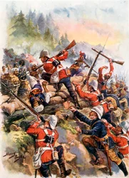 De hoogten bestormen. Peiwar Kotal (kleurenlitho)