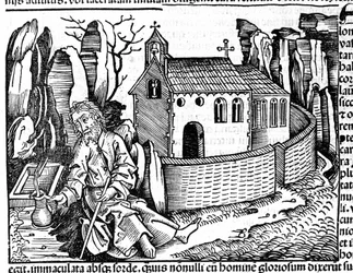 Een pelgrim stopt in een klooster tijdens zijn reis na Hartmann Schedel