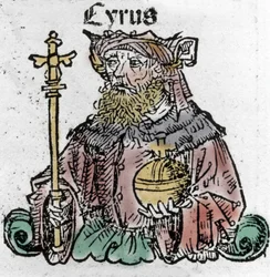 Cyrus II (529 v.Chr.), bekend als Cyrus de Grote, stichter van het Perzische Rijk. Houtsnede uit 