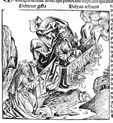 Elia stijgt op in een vurige wagen, zijn landgoed achterlatend aan Elisa. Hartmann Schedel: Kroniek van Neurenberg. Neurenberg 1497