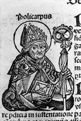 Portret van Sint Polycarpus van Smyrna, bisschop. Gravure uit de Kronieken van Neurenberg door Hartmann Schedel