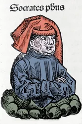 Portret van Socrates (470-399 v.Chr.), Griekse filosoof. Houtsnede uit 