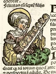 Afbeelding van Sint Felicite, martelaarschap in Rome met de hoofden van zijn zeven kinderen. Houtsnede van Hartmann Schedel 