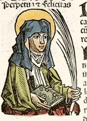Voorstelling van Sint Perpetuus, martelaarschap in Carthago. Houtsnede van Hartmann Schedel 