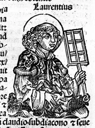 Sint Laurentius met in zijn hand het rooster, een instrument van zijn martelaarschap. Gravure uit de 