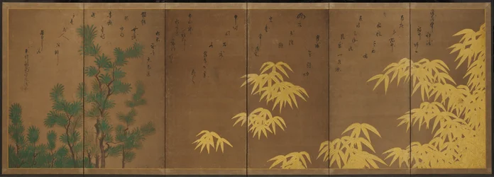 Bamboe met Chinese taxus, c.1605-10 (zesluik kamerscherm: inkt, kleur  goud op papier)