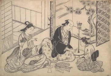 Interieur, drie figuren: Sake-feest, ca. 1730