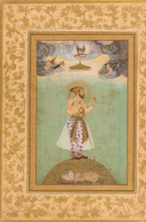 Keizer Shah Jahan staand op een wereldbol